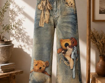 Jeans da uomo vintage con stampa orsetto, pantaloni in denim larghi e lavati in stile retrò (streetwear anni 2000)