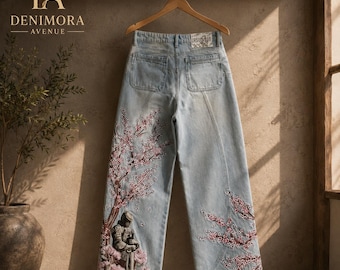 Cherry Blossom Embroidered Jeans, Loose Fit Baggy Denim, Unisex Streetwear Pants