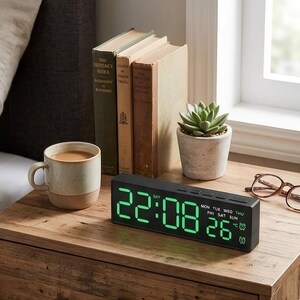 Peut inclure: Un réveil numérique noir rectangulaire doté d'un affichage LED vert vif indiquant l'heure 22:08, la date 26 et les jours de la semaine. L'appareil présente des boutons de commande sur le dessus et un design moderne pour la table de chevet.