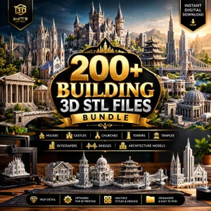 Puede incluir: Un paquete digital de más de 200 archivos STL 3D de edificios para impresión 3D. La imagen muestra una colección de modelos arquitectónicos en miniatura que incluyen casas, castillos, iglesias, torres, templos, rascacielos y puentes, con texto dorado.