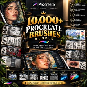 10 000+ Procreate-penselpaket, digital konst, tatuering, akvarell, textur (digital nedladdning)