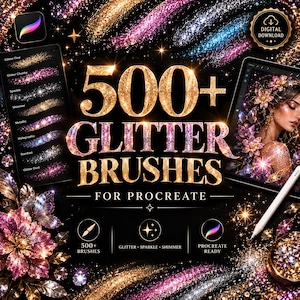 Puede incluir: Un conjunto de descarga digital de 500+ pinceles de purpurina para Procreate, con texturas brillantes en dorado, rosa y azul. El gráfico muestra el texto 500+ GLITTER BRUSHES FOR PROCREATE, junto con iconos de efectos de brillo y destello.