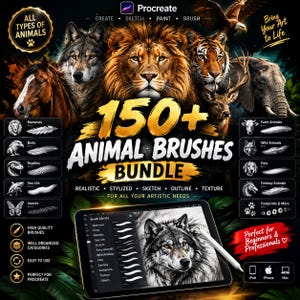 Peut inclure: Une publicité pour un ensemble de 150+ brosses d'animaux pour Procreate. L'image montre un lion, un loup, un tigre, un cheval et un éléphant, avec une tablette affichant un croquis de loup et un stylet. Le texte indique 150+ ANIMAL BRUSHES BUNDLE.
