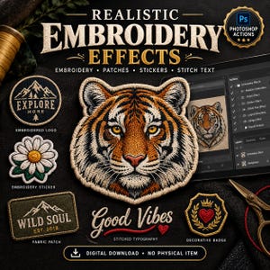 Realistic Embroidery Photoshop Actions Bundle | Embroidery Effect, Stitch Text, Patch Maker, Embroidery Sticker Action, Fabric Stitch Effect