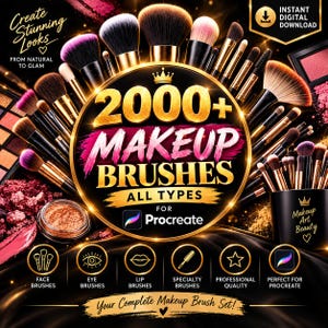Può includere: Una collezione digitale di oltre 2000 pennelli da trucco per Procreate, con vari tipi di pennelli per viso, occhi e labbra. La grafica include testo dorato, un'icona a corona e icone circolari che rappresentano le categorie dei pennelli.