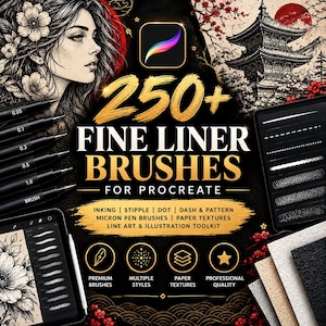 Peut inclure: Un kit d'outils numériques comprenant plus de 250 brosses fine liner pour Procreate, illustré par un portrait, une pagode japonaise et des textures de papier. Le texte indique 250+ FINE LINER BRUSHES FOR PROCREATE, INKING, STIPPLE, DOT, DASH & PATTERN.