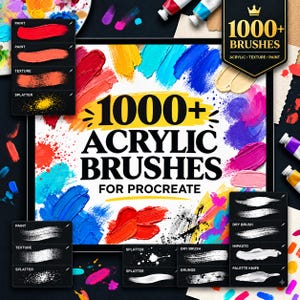 May include: A digital collection of 1000+ acrylic brushes for Procreate, featuring a central title with colorful paint strokes in red, yellow, blue, and pink. The display includes black panels showcasing various brush textures, splatters, and paint effects.