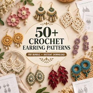 Puede incluir: Una colección de pendientes de ganchillo hechos a mano en colores como rosa, amarillo, crema, verde, morado, azul cerceta y rojo, con diseños florales, circulares y de hojas con detalles de perlas. El texto dice 50+ CROCHET EARRING PATTERNS.