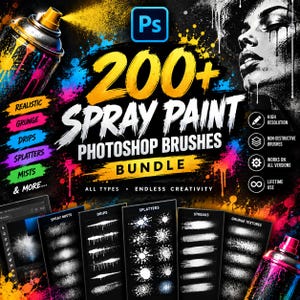 Könnte beinhalten: Ein digitales Set mit über 200 Photoshop-Pinseln für Sprühfarbe, inklusive Farbspritzern, Tropfen und Grunge-Texturen. Die Grafik zeigt eine Sprühdose, ein Porträt sowie Beschriftungen für Sprühnebel, Tropfen und Streifen.