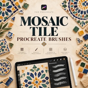 Peut inclure: Un ensemble numérique de pinceaux Procreate intitulé Mosaic Tile Procreate Brushes, avec du texte et des icônes pour des textures de tuiles authentiques, des traits réalistes et des styles géométriques, affiché sur une tablette avec un stylet.
