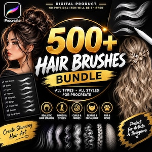 Puede incluir: Un paquete de productos digitales de más de 500 pinceles de cabello para Procreate con ilustraciones de varios peinados, trenzas, rizos y texturas de vello facial. El gráfico incluye texto dorado, un logo de Procreate y un menú.