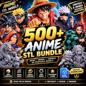 Puede incluir: Una colección digital de más de 500 archivos STL de anime para impresión 3D, que presenta varias figuras coloridas de personajes de anime, incluidos Goku, Naruto, Luffy, Gojo y Tanjiro, junto con criaturas de fantasía monocromáticas.