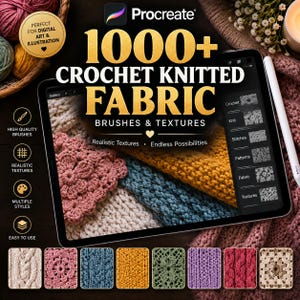 Könnte beinhalten: Ein digitales Tablet mit einer Procreate-Oberfläche für über 1000 Häkel- und Strickstoff-Pinsel und Texturen. Der Bildschirm zeigt verschiedene Garnmuster in Rosa, Blau und Gelb sowie ein Seitenmenü mit Kategorien wie Stricken und Stiche.