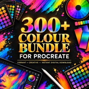 Peut inclure: Un ensemble d'art numérique pour Procreate avec le texte 300+ COLOUR BUNDLE FOR PROCREATE. L'image présente diverses palettes de couleurs, une roue chromatique circulaire, une tablette affichant un portrait coloré et un stylet blanc sur fond noir.