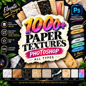 Può includere: Una collezione digitale di oltre 1000 texture di carta per Photoshop, con vari stili come stropicciato, vintage, grunge, lino e macchiato. La grafica mostra un titolo centrale con testo sfumato colorato, circondato da campioni di carta e icone che indicano alta risoluzione, stili multipli e accesso a vita.