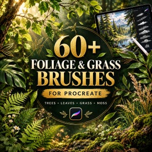 Könnte beinhalten: Eine digitale Produktanzeige mit dem Text 60+ FOLIAGE & GRASS BRUSHES FOR PROCREATE, TREES, LEAVES, GRASS, MOSS und dem Procreate-Symbol. Der Hintergrund zeigt eine üppige Waldszene mit Farnen, grünen Blättern und einem Tablet-Bildschirm.