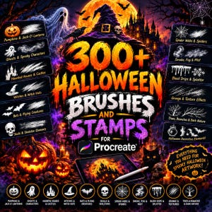 May include: A digital collection of over 300 Halloween-themed brushes and stamps for Procreate, featuring a dark, spooky background with a large witch hat, pumpkins, ghosts, and a castle, alongside labeled categories like spider webs and blood drips.