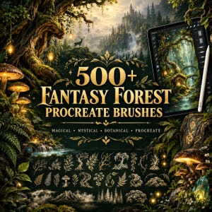 Könnte beinhalten: Eine digitale Produktanzeige mit dem Text 500+ FANTASY FOREST PROCREATE BRUSHES, MAGICAL, MYSTICAL, BOTANICAL, PROCREATE. Das Bild zeigt ein Tablet mit einem Eingabestift, das eine Waldszene mit Pilzen, Bäumen und einer Burg darstellt.