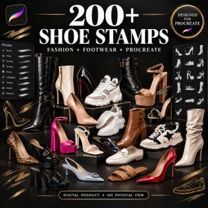 Op de afbeelding: Een digitale collectie van 200+ schoenstempels voor Procreate, met een verscheidenheid aan schoenstijlen, waaronder laarzen met hak, plateausandalen, sneakers, loafers en pumps in diverse kleuren en texturen tegen een zwarte achtergrond.