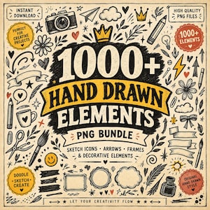 May include: A digital graphic featuring the text 1000+ HAND DRAWN ELEMENTS PNG BUNDLE surrounded by various black and yellow illustrations including a camera, crown, pencils, flowers, hearts, ribbons, scissors, and frames on a textured background.