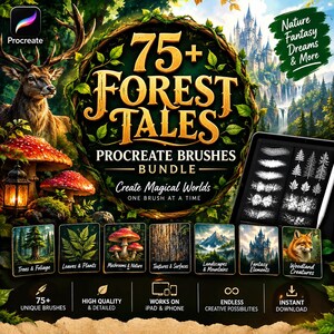 Op de afbeelding: Een digitaal productpakket getiteld 75+ Forest Tales Procreate Brushes met een hert, paddenstoelen en een kasteel. De afbeelding toont voorbeelden van penseelstreken, categorieën zoals Trees & Foliage, Leaves & Plants en Woodland Creatures, plus iconen voor iPad- en iPhone-compatibiliteit.