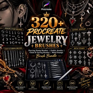 May include: A digital brush bundle for Procreate featuring over 320 jewelry-themed assets. The collection includes piercing stamps, gothic jewelry designs, chain and earring patterns, and metal stamps, displayed on a tablet screen with a stylus.