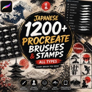Peut inclure: Une collection numérique de plus de 1200 pinceaux et tampons Procreate avec des motifs d'inspiration japonaise. Le graphique affiche du texte incluant Japanese 1200+ Procreate Brushes & Stamps, All Types, et Every Brush You Need, avec des illustrations à l'encre d'une pagode, d'un bonsaï, d'une carpe koï et du mont Fuji.