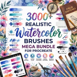 Peut inclure: Une publicité pour un produit numérique intitulée 3000+ Realistic Watercolor Brushes Mega Bundle for Procreate, présentant des échantillons d'aquarelle, une tablette, des pinceaux, une boussole, un carnet de croquis et des illustrations florales.