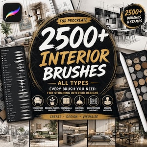 Puede incluir: Una colección digital de más de 2500 pinceles y sellos de diseño de interiores para Procreate, con un gráfico circular negro y texto en blanco y dorado. El conjunto incluye categorías como muebles, decoración, plantas, materiales e iluminación.