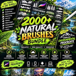 May include: A digital product bundle for Procreate featuring 2000+ natural brushes. The graphic displays text including 2000+ NATURAL BRUSHES BUNDLE, lists categories like foliage, forest, and clouds, and shows icons for iPad, iPhone, Android, and Mac & PC.