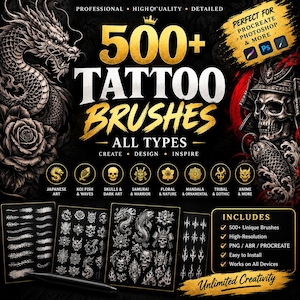500+ tatueringsborstar, japansk, drake, dödskalle, blommig (digital nedladdning)