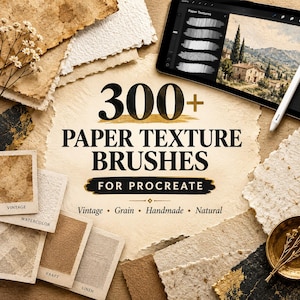 Pode incluir: Uma coleção digital de mais de 300 pincéis de textura de papel para Procreate, exibida com amostras de texturas vintage, aquarela, kraft e linho. O texto diz 300+ PAPER TEXTURE BRUSHES FOR PROCREATE, Vintage, Grain, Handmade, Natural.