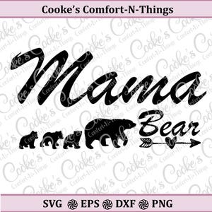 Puede incluir: Dise&ntilde;o digital en blanco y negro con el texto "Mama Bear" con un coraz&oacute;n y una flecha. Debajo del texto hay cuatro siluetas de osos negros, siendo el oso m&aacute;s grande el del centro.