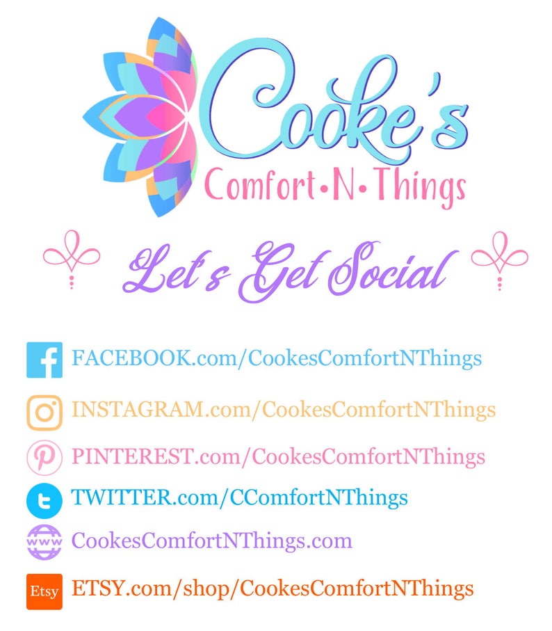 Puede incluir: Un logotipo colorido para Cooke's Comfort-N-Things con un dise&ntilde;o de flor. El texto "Let's Get Social" est&aacute; debajo del logotipo. Los enlaces de redes sociales se enumeran debajo del texto, incluidos Facebook, Instagram, Pinterest, Twitter y Etsy.