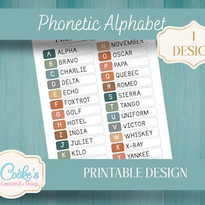 Könnte beinhalten: Ein druckbares Design mit dem phonetischen Alphabet, das die Buchstaben A bis Y in farbigen Kästchen neben den entsprechenden Wörtern zeigt. Der Text enthält "Phonetic Alphabet", "1 DESIGN", "PRINTABLE DESIGN" und "Cooke's Comfort-N-Things".