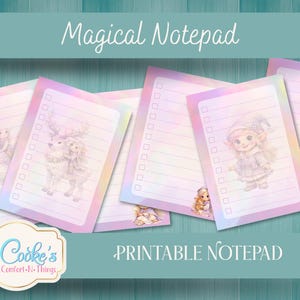May include: A stack of lined notepads with a pastel rainbow border and illustrations of fairies and woodland creatures. The notepads have a checklist on the left side and the words "Magical Notepad" and "Printable Notepad" are displayed.