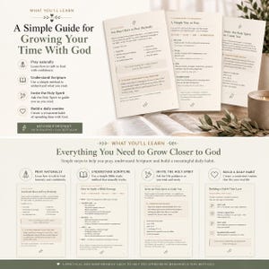Könnte beinhalten: Ein Leitfaden mit dem Titel A Simple Guide for Growing Your Time With God und Everything You Need to Grow Closer to God. Die Seiten enthalten Text über Gebet, Schriftstudium, den Heiligen Geist und tägliche Gewohnheiten.