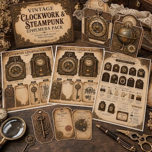 May include: A vintage clockwork and steampunk ephemera pack featuring printed sheets with illustrations of ornate clocks, keys, gears, and globes. The set includes assembly guides, pockets, tags, and cards with intricate mechanical designs in sepia tones.