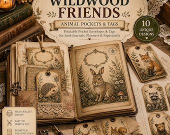 Wildwood Friends Animal Pockets & Tags, Vintage Forest Ephemera (Digital Download)