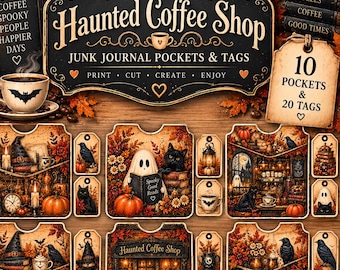 Haunted Coffee Shop Junk Journal Kit, Halloween Ephemera Tags, Pumpkin Printable (Digital Download)