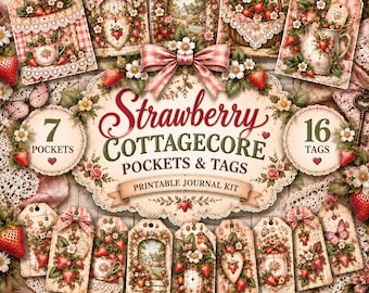 Strawberry Junk Journal Pockets & Tags, Cottagecore Printable Ephemera, Digital Download