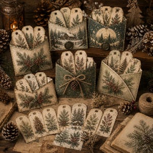 Op de afbeelding: Een verzameling rechthoekige papieren labels met botanische illustraties en winterlandschappen, geplaatst in bijpassende papieren enveloppen. De ontwerpen bevatten dennenbomen, varens, dennenappels en hutten, sommige met waszegels.