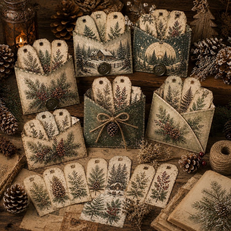 Op de afbeelding: Een verzameling rechthoekige papieren labels met botanische illustraties en winterlandschappen, geplaatst in bijpassende papieren enveloppen. De ontwerpen bevatten dennenbomen, varens, dennenappels en hutten, sommige met waszegels.