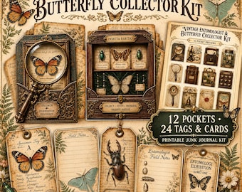 Vintage Entomology Printable Junk Journal Kit, Butterfly Collector Pockets & Ephemera
