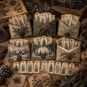 Op de afbeelding: Een verzameling decoratieve papieren enveloppen en rechthoekige cadeaulabels met botanische illustraties in vintage-stijl van dennenbomen, dennenappels en winterse bossc&egrave;nes. Sommige enveloppen zijn vastgebonden met touw en hebben wasachtige zegels.