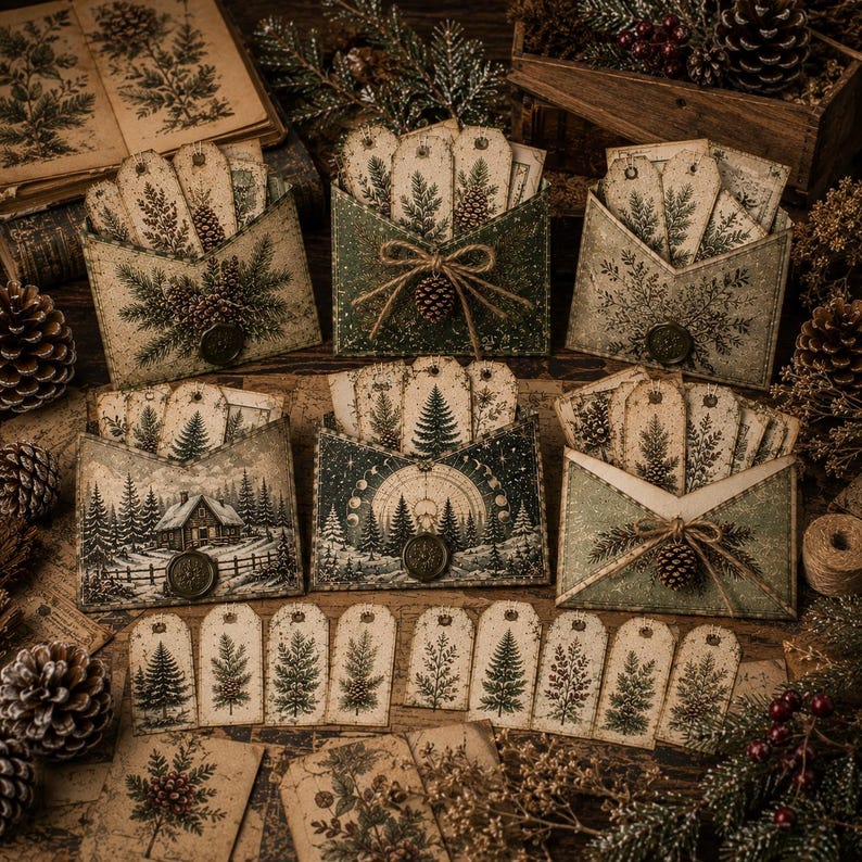 Op de afbeelding: Een verzameling decoratieve papieren enveloppen en rechthoekige cadeaulabels met botanische illustraties in vintage-stijl van dennenbomen, dennenappels en winterse bossc&egrave;nes. Sommige enveloppen zijn vastgebonden met touw en hebben wasachtige zegels.