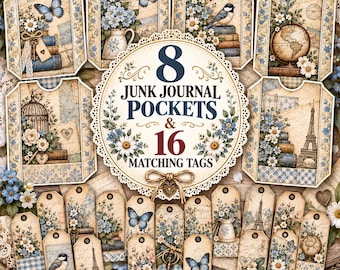 Vintage Junk Journal Pockets & Tags, Botanical Ephemera, Shabby Chic (Digital Download)
