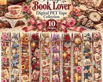 Vintage Book Lover Digital Washi Tape, Literary Junk Journal Elements (10 Designs)