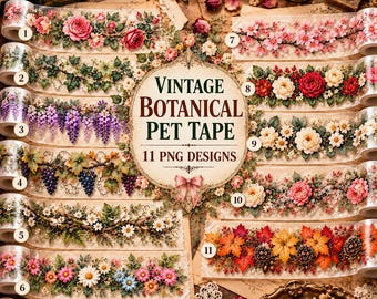 Vintage Botanical PET Tape PNG Bundle, Floral Vine Designs (Digital Download)