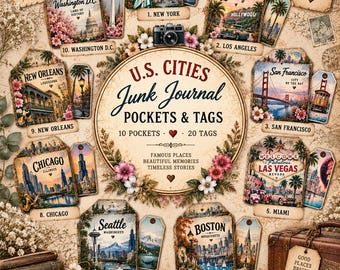 U.S. Cities Travel Junk Journal Kit, Vintage Ephemera Pockets & Tags (PDF)